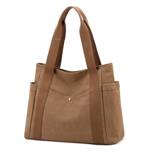 Borsa tote grande in tela marrone con tasche multiple e spalline robuste e ampie