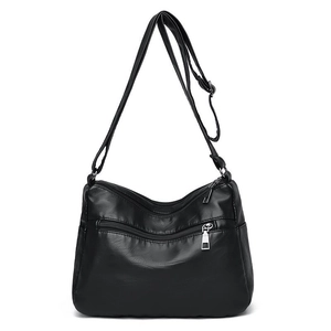 Classic black soft PU crossbody bag for women with multi-zipper pockets and adjustable strap