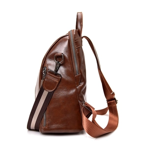 Vintage brown PU leather backpack for women with multi-layer zippers and striped strap