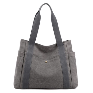 Grande borsa tote in tela grigio scuro con tasche laterali e bottone a pressione
