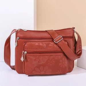 Sac à Bandoulière Femme en Cuir PU Motif Fleurs en Relief Multi-poches Sac à Épaule pour Maman Casual Grande Capacité