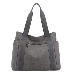 Borsa tote in tela grigia con tasche multiple e manici resistenti per il viaggio