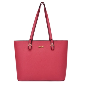 Fuchsia Saffiano faux leather tote bag for women with gold logo and shoulder straps