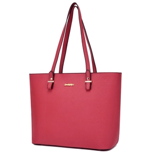 Large red crossgrain leather tote bag with gold logo for professional daily commuting