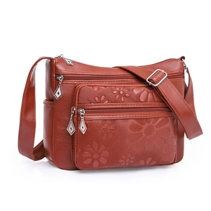 Sac bandoulière tendance en cuir PU marron pour femme avec gaufrage floral et multi-poches