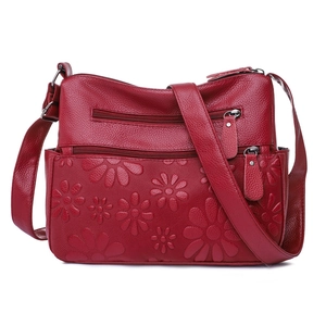 Red large capacity faux leather shoulder bag with floral embossing and zipper pockets