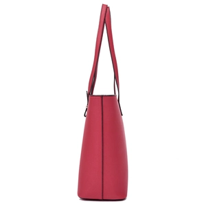 Red saffiano leather tote bag with trapezoid structure and slim shoulder straps for women