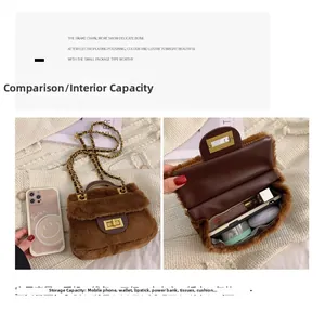 Détail d'un sac à main en peluche marron avec fermoir doré et bandoulière en chaîne