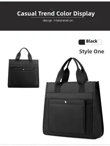 Close-up of black water-resistant nylon handbag featuring front pocket and metal snap button