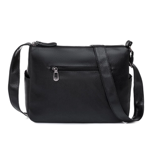 Classic black litchi pattern leather shoulder bag with multi-pocket design for women
