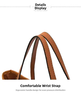 Close-up of ergonomic brown PU leather handle with reinforced double stitching detail