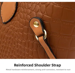 Detailed close-up of durable golden hardware and reinforced stitching on brown crocodile bag