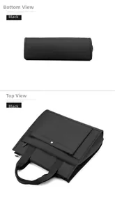 Detail view showing bottom and top layout of black waterproof nylon laptop tote bag