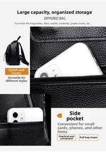Detail of black litchi grain leather backpack side pocket holding a smartphone