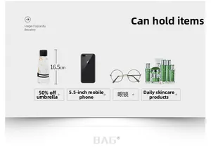 Detail view showing internal capacity for umbrella, phone, glasses and skincare products