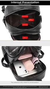 Detail view of black leather backpack with multi-layer zipper pockets and internal storage