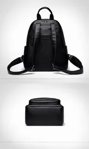 Detail of black litchi grain backpack featuring adjustable straps and anti-theft back pocket