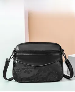 Detail of black faux leather crossbody bag featuring embossed daisy patterns and zippers
