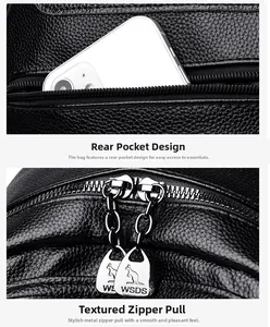 Macro detail of lychee grain leather backpack with brand metal zippers and anti-theft back pocket