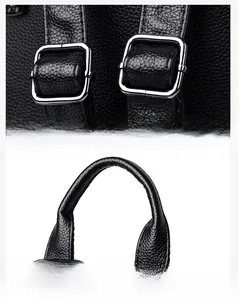 Detail of adjustable silver buckles and soft padded leather handle on a black backpack