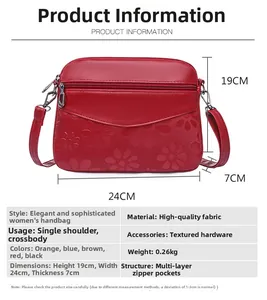 Detail showing red floral embossed small square bag specs 19x24x7cm and internal layers