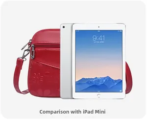 Size comparison between the red embossed crossbody bag and an iPad Mini device