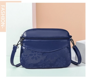 Detail of navy blue crossbody bag with floral embossing and multiple zipper pockets