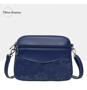 Detail of navy blue crossbody bag with floral embossing and silver zippers