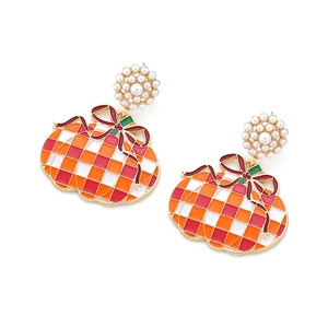 Christmas gift bag earrings with enamel pumpkin pattern and pearl cluster studs