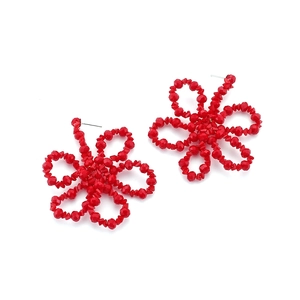 Bohemian handmade red beaded flower earrings with geometric crystal floral drop design