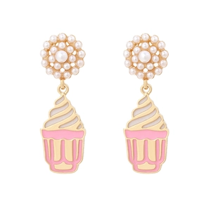 Cute ice cream cupcake earrings with white pearls and pink drip oil dangling details