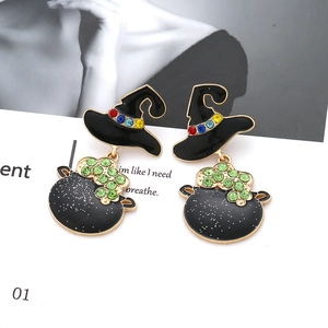 Halloween witch hat and cauldron drop earrings with green rhinestones and black enamel