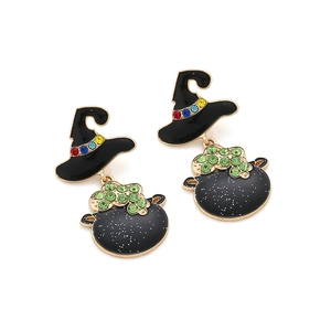 Halloween witch hat and black cauldron drop earrings with colorful rhinestones