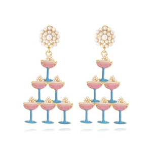 Creative Cocktail Glass Dangle Earrings With Artificial Pearl Flower And Enamel Champagne Glass Pyramid Gold Plated Alloy Party Jewelry