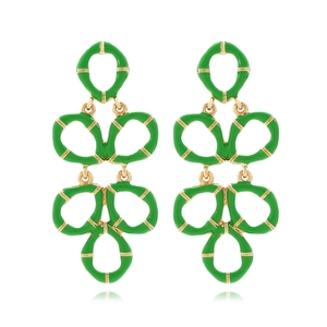 Long multilayer leaf earrings with green enamel and golden bamboo texture on white backdrop