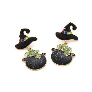 Close-up of Halloween wizard hat and black cauldron earrings with colorful rhinestones
