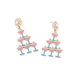 Detail of layered cocktail glass earrings with pink blue enamel and pearl studs