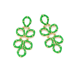 Detailed view of long tiered green enamel bamboo leaf drop earrings with gold joints