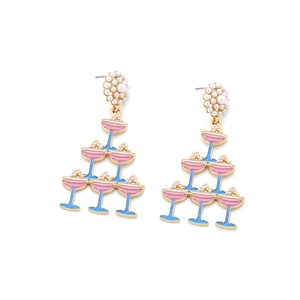 Macro view of cocktail glass earrings with pink enamel and micro pearl details