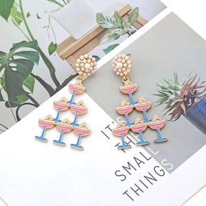 Golden cocktail glass dangle earrings with pearls and colorful enamel pyramid drop