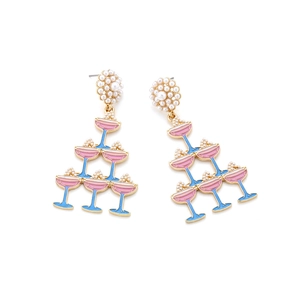 Creative multi-layer cocktail glass earrings with pink enamel and pearls in gold finish