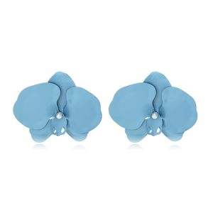 Sky blue orchid flower stud earrings with pearl centers in a matte lacquer finish