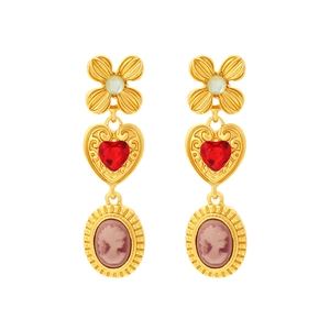 Vintage gold heart earrings with pearl flower and cameo portrait pendants