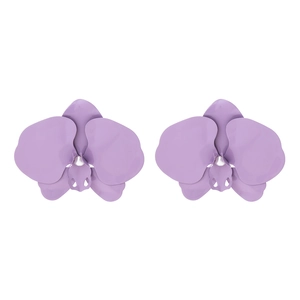 Elegant purple orchid flower earrings with matte metal finish and center white pearl beads