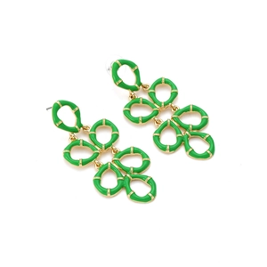 Bohemian multilayered long drop earrings with green enamel leaves and gold alloy finish