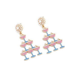 Creative multi-layer cocktail glass drop earrings with pearls and colorful enamel