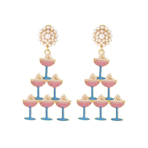Creative tiered cocktail glass dangle earrings with pearls and colorful enamel inlay
