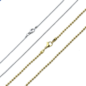 Detail of 304 stainless steel ball bead chains in gold and silver with lobster clasps