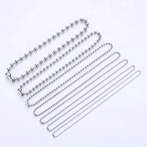 Detail view of 304 stainless steel ball chains in various sizes with secure connectors