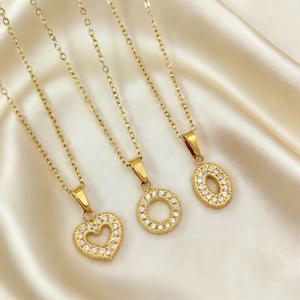 Detailed view of three 18K gold plated necklaces with pavé zircon heart and circle pendants